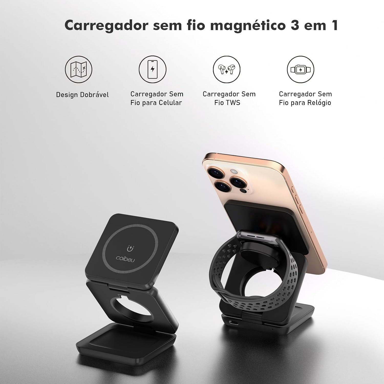 Carregador por Indução Portatil, Suporte Magnetico para Celular, Dobrável Portátil, Sucção Forte, 25W