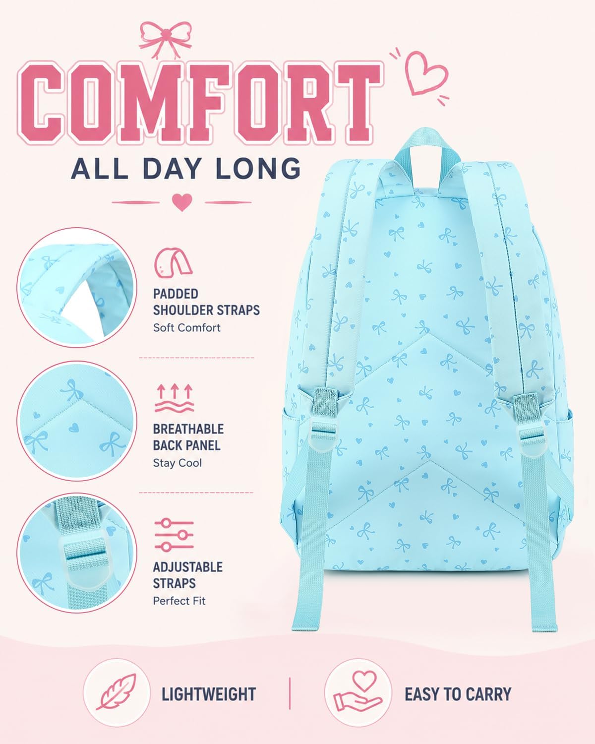 CAMTOP Girls Backpack with Lunch Box Set, Cute Bow School Backpack for Kids, 3-in-1 Lightweight Lunch Bag and Pencil Pouch