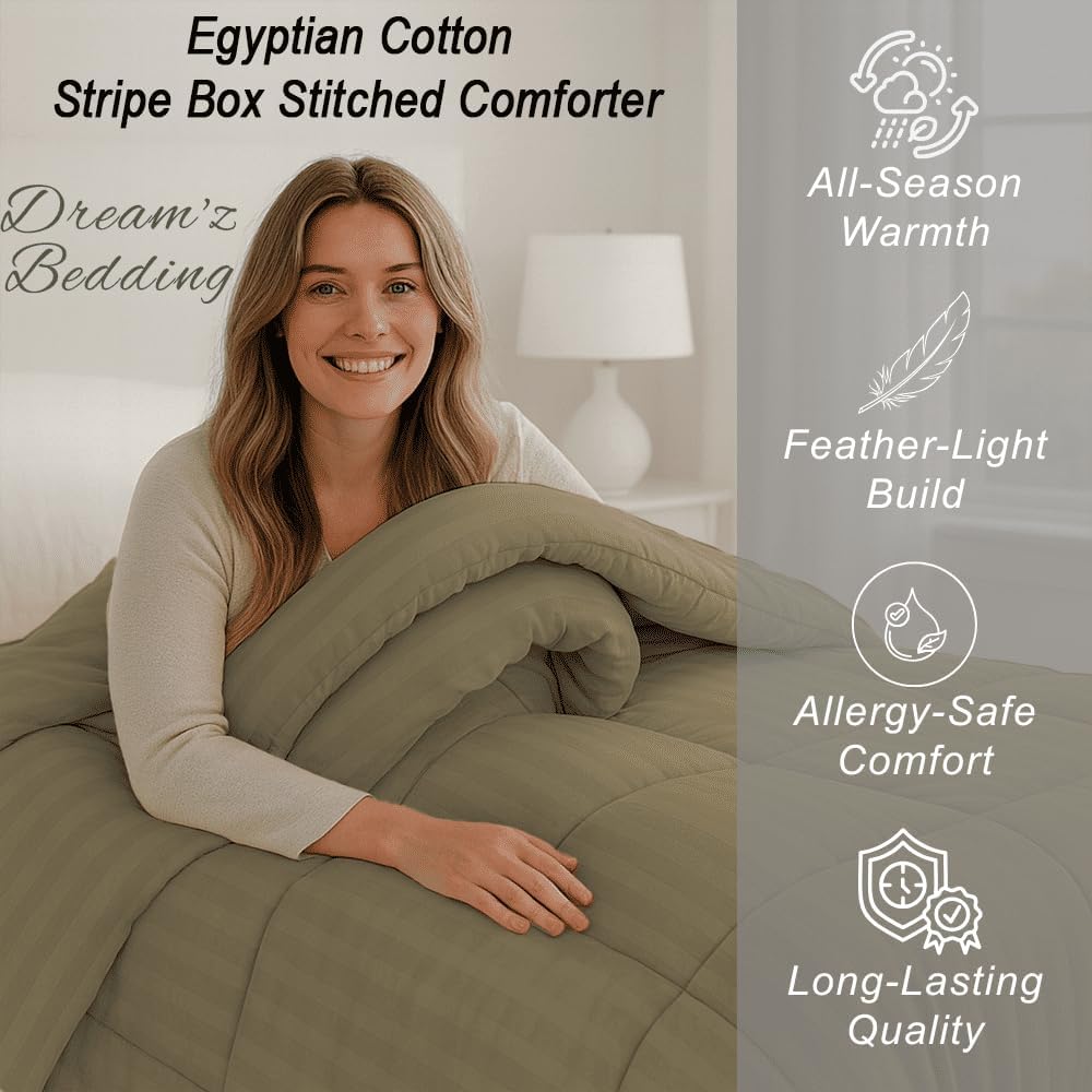 Luxury 350 Thread Count 100 GSM Fiber Fill 1pc Comforter RV Champer Short Queen Size, Taupe Stripe 100% Egyptian Cotton