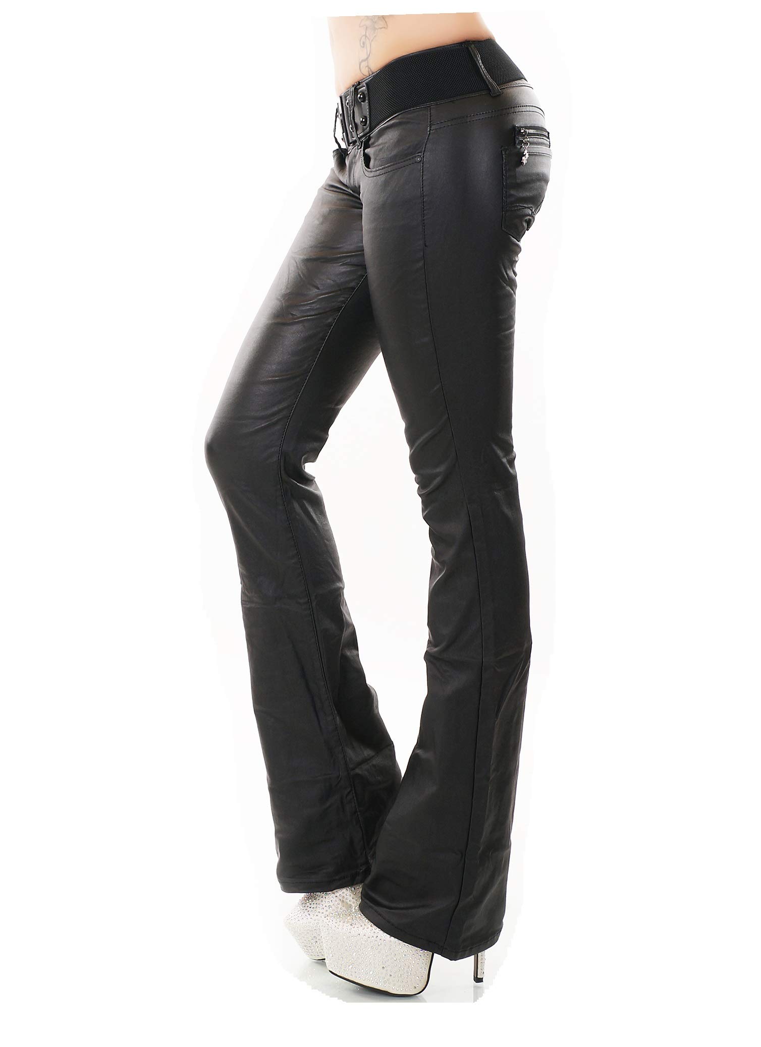 Pantalon pour femme aspect cuir mouillé aspect cuir synthétique Bootcut Jeans avec ceinture