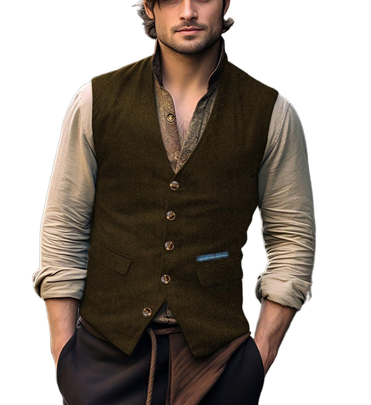Yiaisafa Business Men's Waistcoat Herringbone Tweed Waistcoats for Mens Suit Vest Vintage Wedding Wool Retro Groomsman(Brown,XXXL)