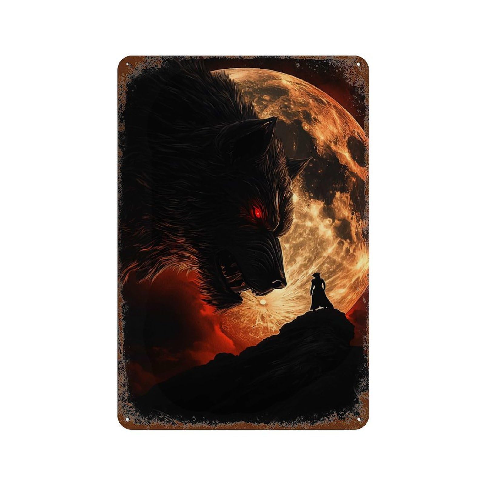 Werewolf Confrontation Under A Fiery Moon Retro Metal Sign 11.8"x7.9", for Bistro, Counter And Cafe Decor, Rustic Home Decor