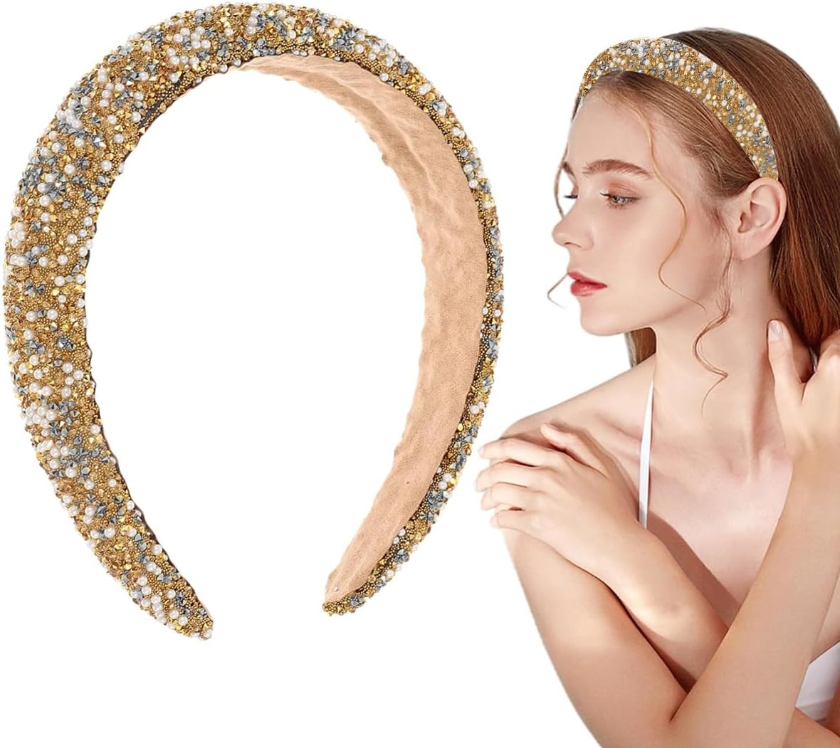 PALAY Glitter Hair Band For Women Stylish Rhinestone Headband For Women Wide Bridal Hairband For Women Ladies Birthday Gift Party Wedding, Gold