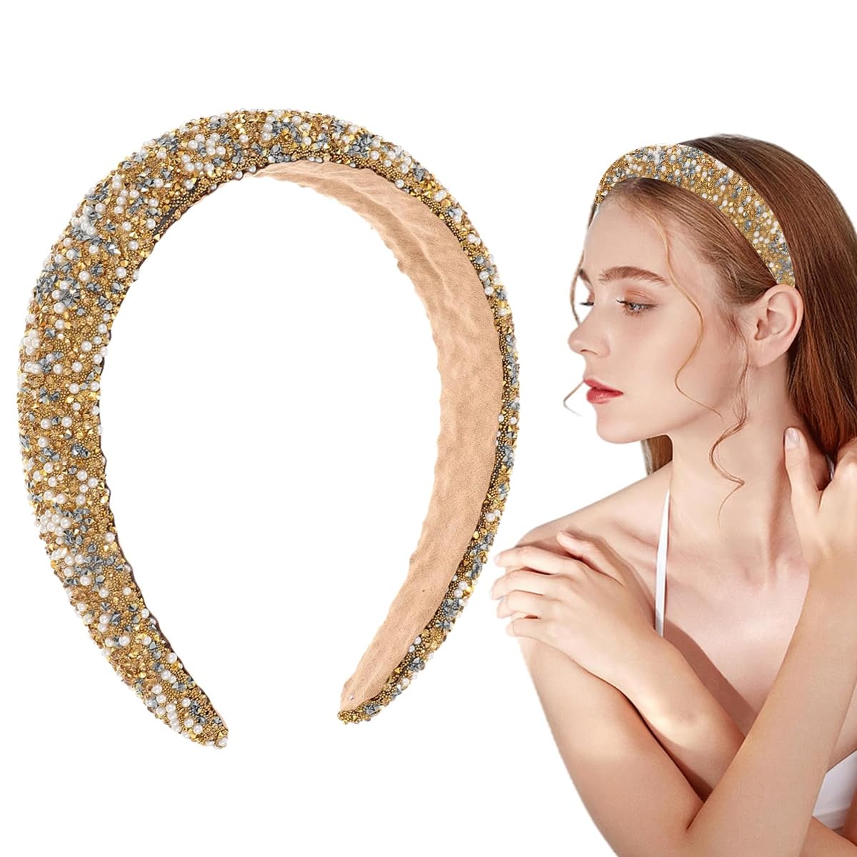 PALAY Glitter Hair Band For Women Stylish Rhinestone Headband For Women Wide Bridal Hairband For Women Ladies Birthday Gift Party Wedding, Gold