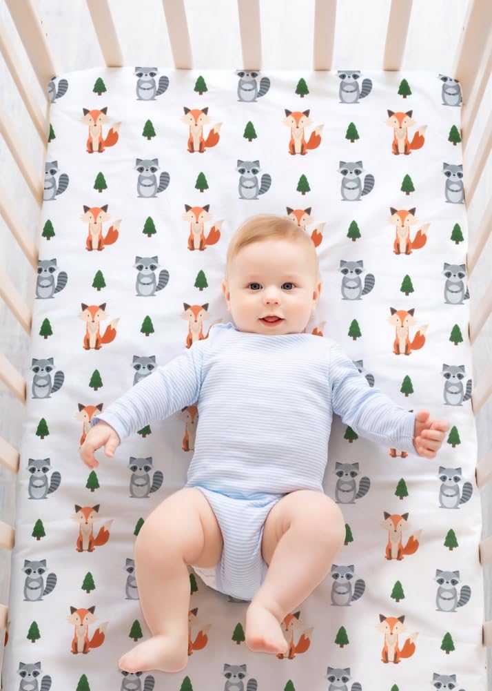Juego de 4 sábanas ajustables unisex para cuna de bebé, diseño de animales del bosque, madera neutra, para bebés niños o niñas, blanco y negro