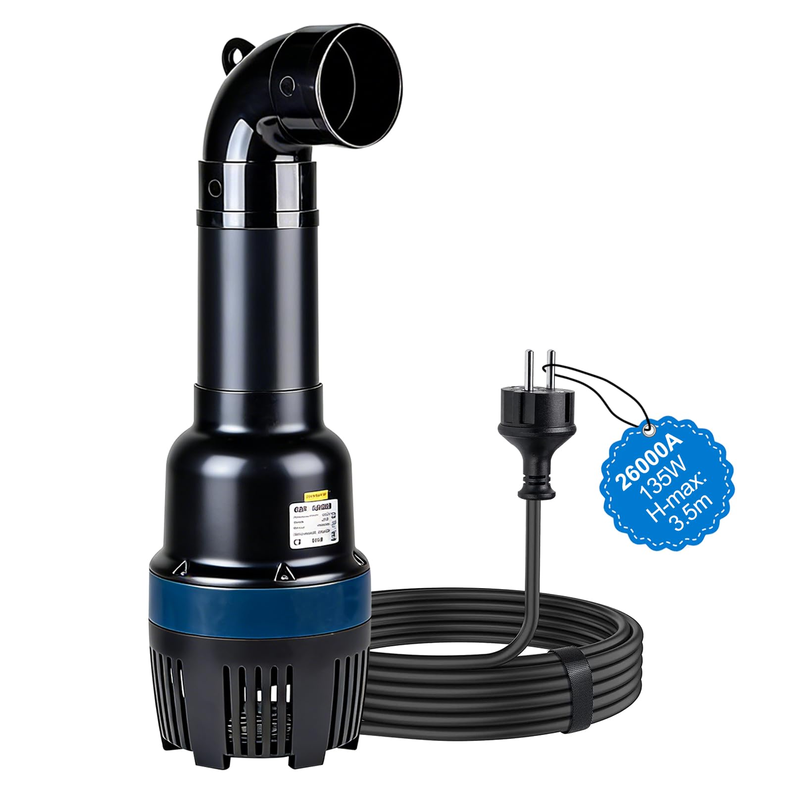 EXLECO Rohrpumpe 26000L/H 135W Teichpumpe Außen, Hochleistungs Strömungspumpe, Kreiselpumpe Selbstansaugend Poolpumpe Schwengelpumpe mit 12M Kabel, Umwälzpumpe, Teichfilter für Garten Bachlauf