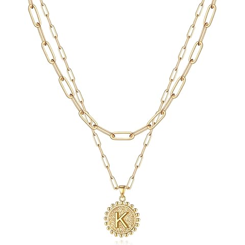 Yoosteel Christmas Gifts for Women, Gold Initial Necklaces for Women 14K Gold Plated Dainty Layering Paperclip Link Chain Necklace Coin Initial Layered Necklace Birthday Gifts Stocking Stuffers