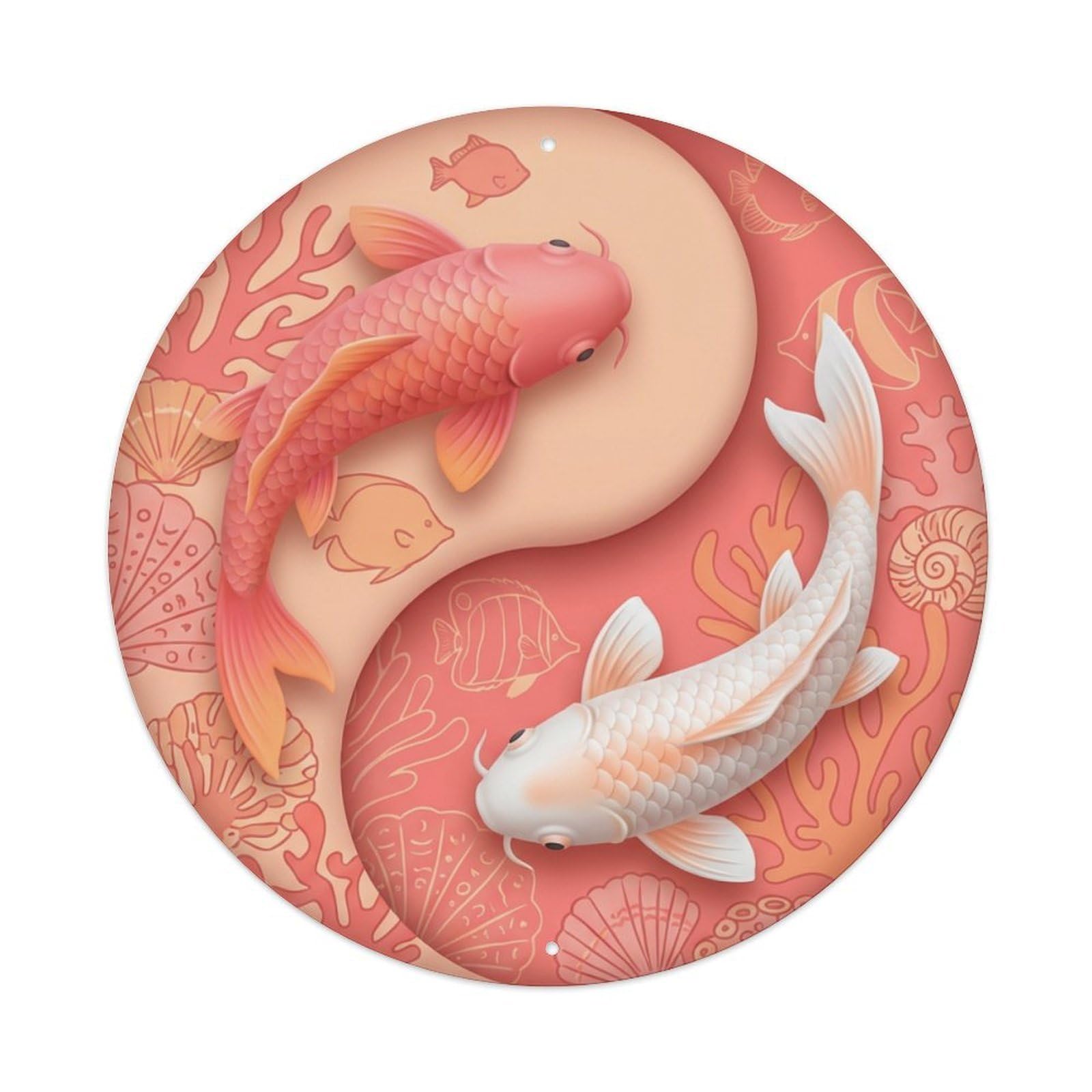 Metal Tin Sign Tai Chi Koi Fish Coral Pink Reef
