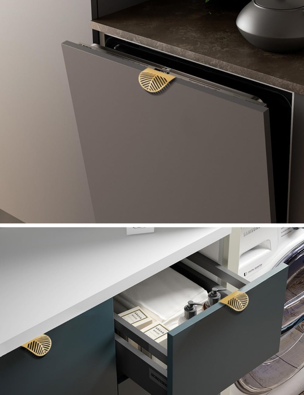 2PCS Leaf Cabinet with Solid Brass Edge Handle, Brushed Gold foil knob and Vanity Drawer Handle, 1.57-inch Hole Center - Easy to Install with Screws