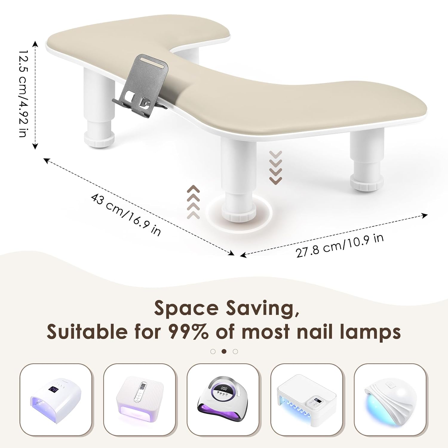 LIONVISON Arm Rest for Nails Tech: U Shaped Adjustable Height Ergonomic Nail Hand Rest Stand PU Leather with Rotating Phone Holder for Nail Salon Manicurist (Beige)