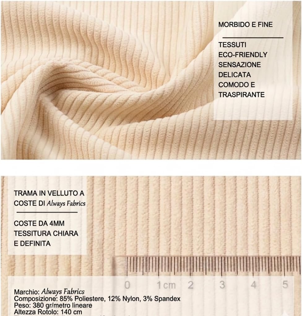 Always fabrics - Tessuto Velluto a Coste al Metro - Stoffa Elasticizzata Pesante 380g/m² - Altezza 140cm - Per Abbigliamento, Rivestimento Cuscini e Arredo Casa (Bianco, 5 Metri)