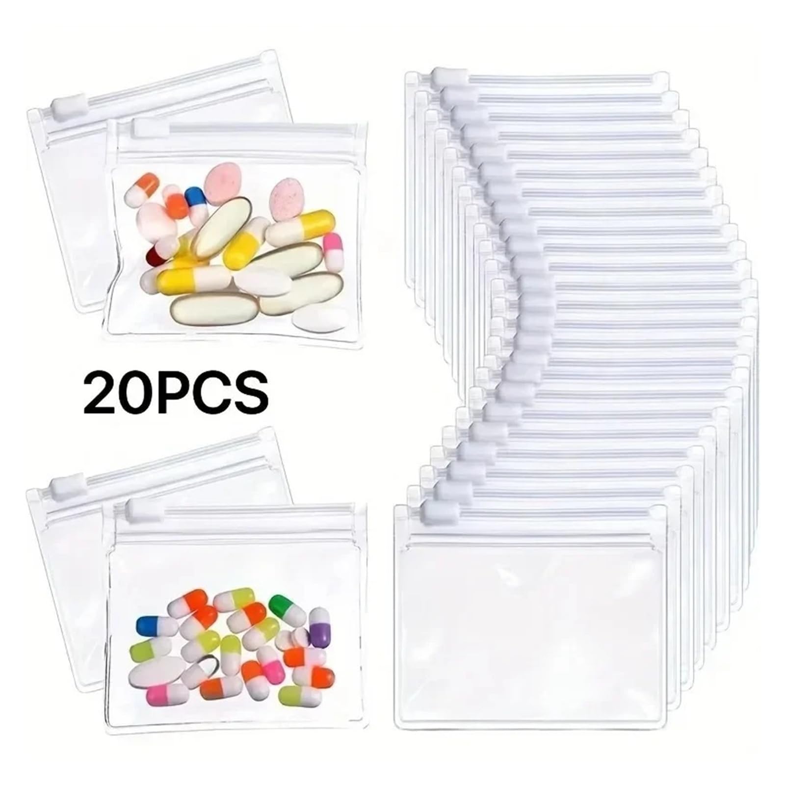 Lot de 20 pochettes à pilules réutilisables en EVA transparent avec fermeture éclair pour médicaments et suppléments vitaminés (orange)