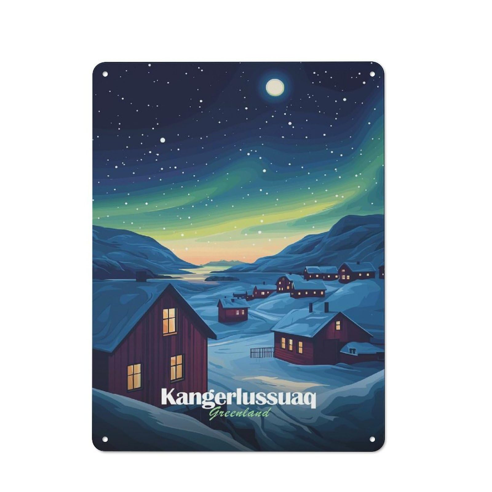 Junmoney Style-2 Decorative Tin Plaque With Greenland Village Night Design 40X30cm, Nostalgic Home Bar Decor For Bar, Kitchen, Garage Or Games Room