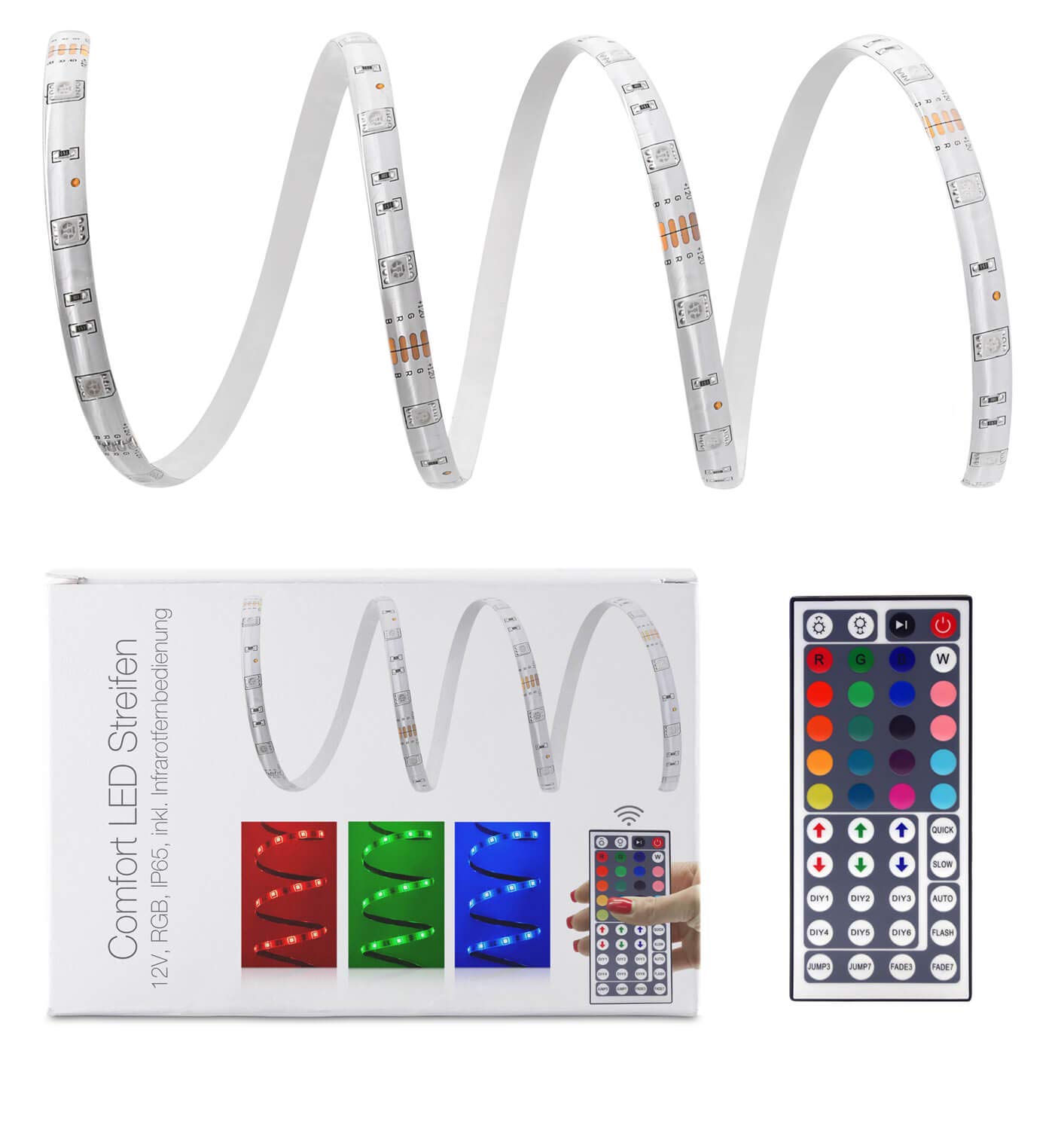 7 Metros Tira RGB LED (30 LED/M, IP65), con controlador, mando a distancia de 44 teclas y fuente de alimentación