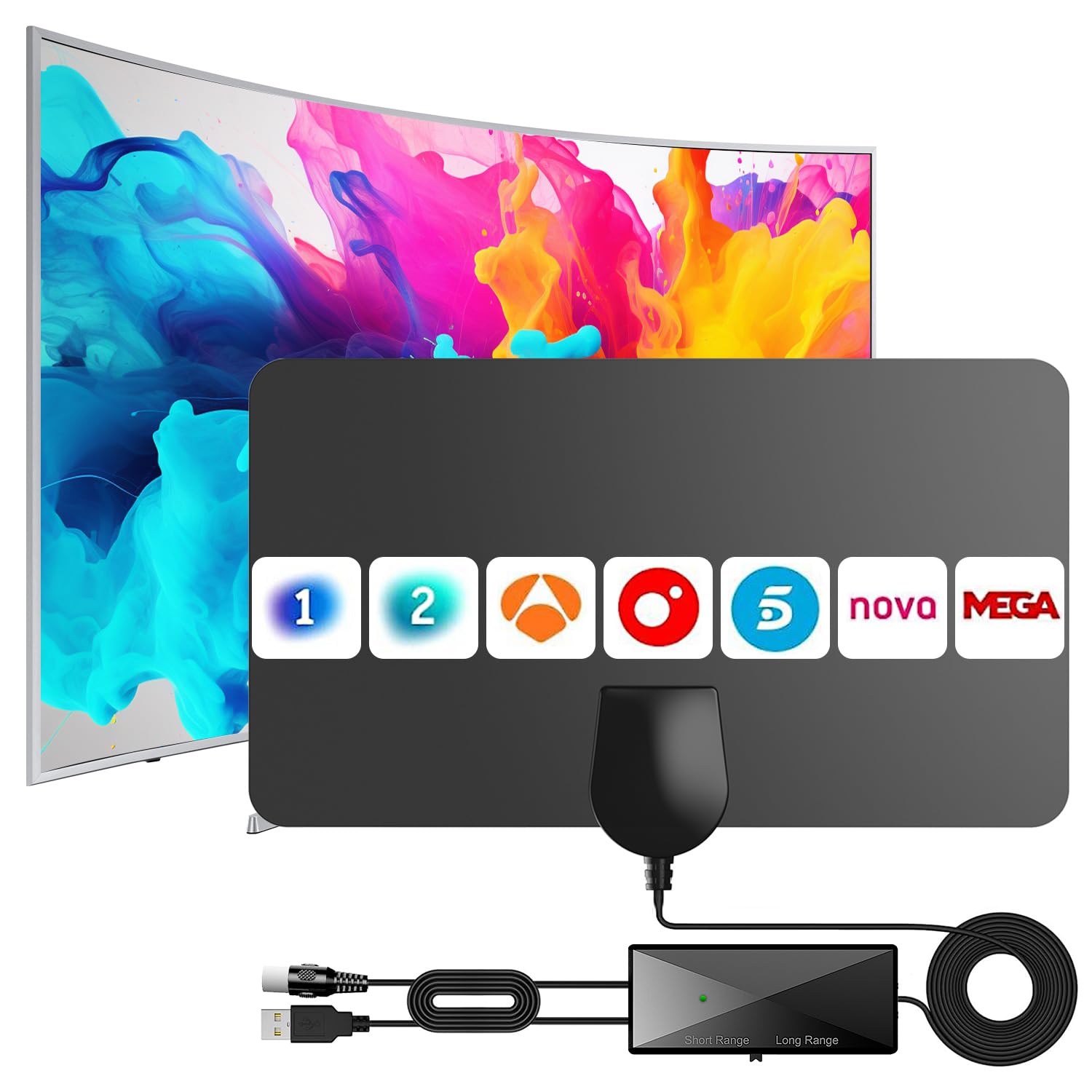 Antena TV Interior Digital de Panel 2026 – Diseño Ultrafino y Flexible con Amplificador, Recepción 360° de Largo Alcance, Compatible TDT/DVB-T2, Canales Gratis 4K/Full HD