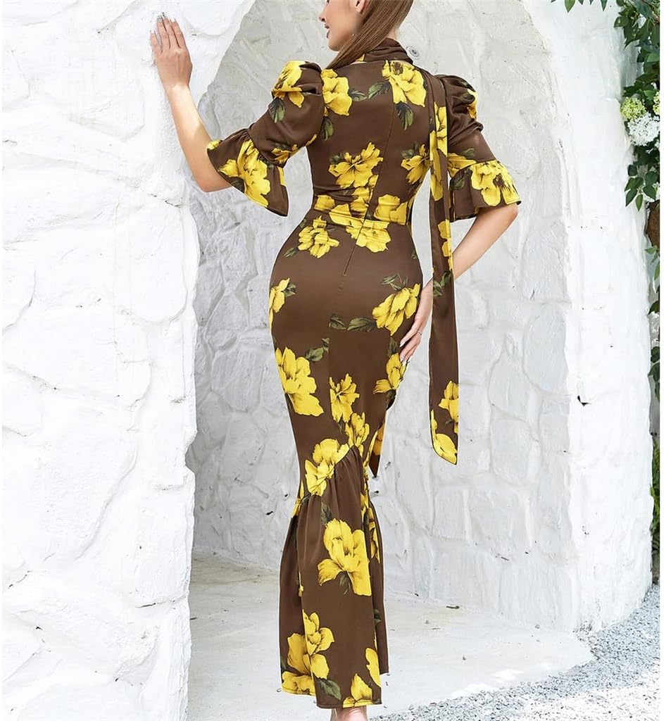 JSEIAJB Bubble Sleeve Vintage Plunge Printed Ruffle Slimming Dress for Women