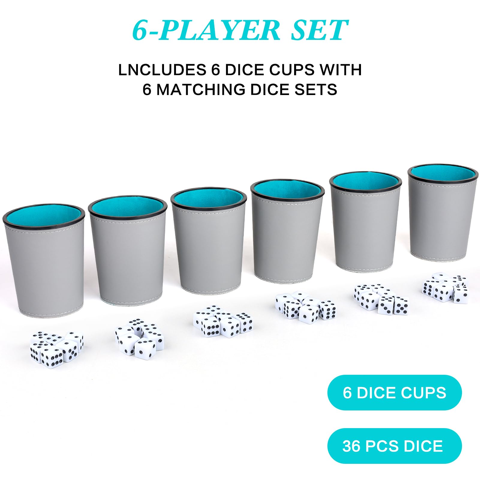 Filzgefüttertes Würfelbecher-Set aus PU-Leder, 6 leise Würfelbecher mit 36 Würfeln für Bar-Party, Yahtzee Farkle-Würfelspiele, Grau und Blau