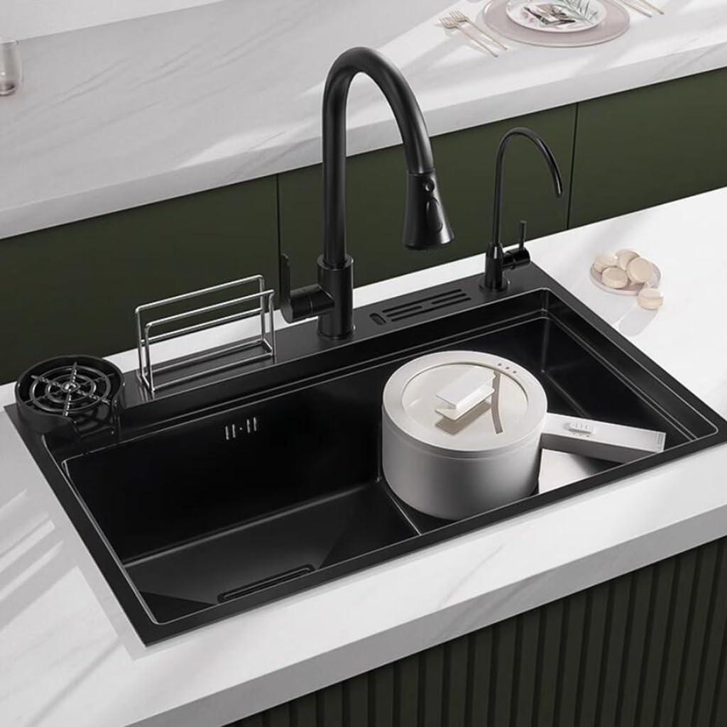 Ciotola Singola Preparare Il Lavello Lavabo per Piatti a Risparmio Idrico Cucina Bar Lavello a sifone Ristorante Dispensa Lavello Lavandino per Lavare Le Mani (Colore : Nero, Dimensioni : 80