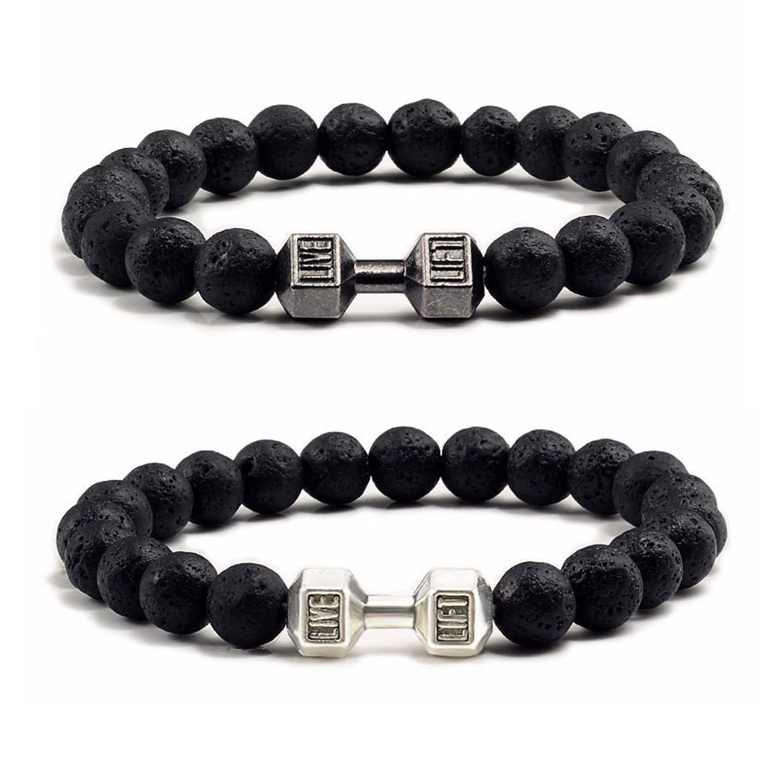 RINHOO FRIENDSHIP2 PCS Dumbbell Bracelet for Man - 8mm Lava Natural Stone Stretch Beads With Weight - Gym Accessory