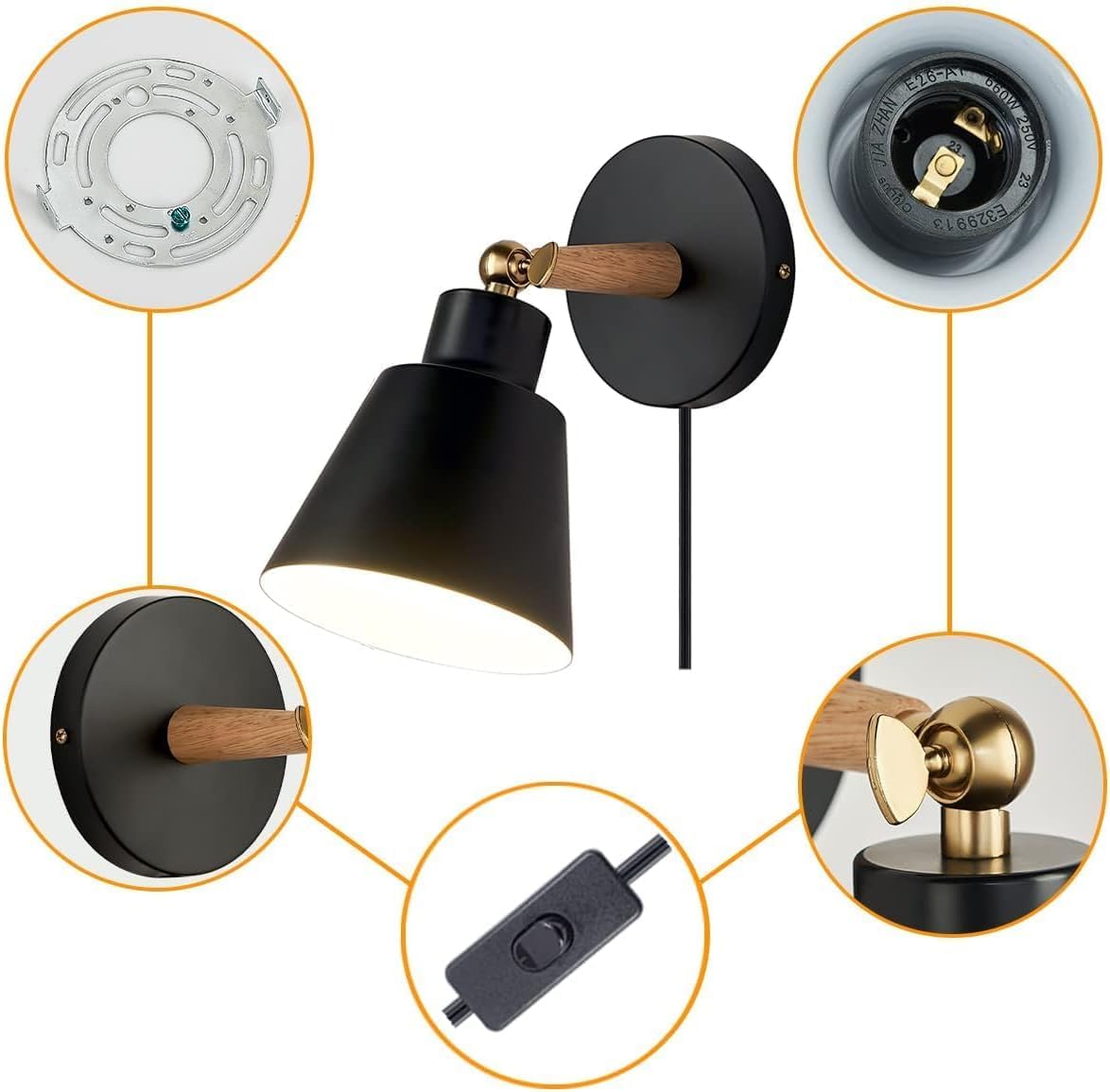 ClanKin Plug in Wall Sconces Lighting, Black Wood Style Wall Sconce Reading Lamp, Adjustable Wall Light for Bedroom Hallway Living Room (1, Black Plug-in)