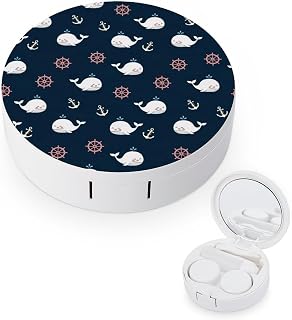 Contact Lens Cases Anchors Nautical Wheels Cartoon Whale Navy Blue Contact Lenses Applicator Removal Tool Kit with Mirror Solution Bottle