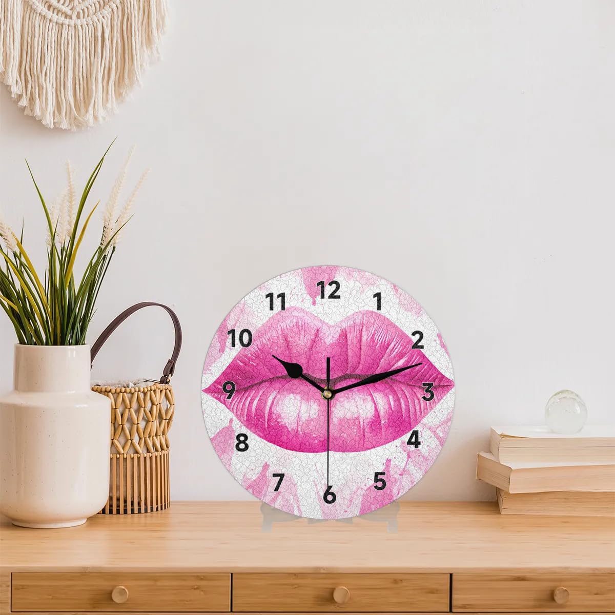 Wall Clock Silent Pink Lips Non Ticking Battery Operated Decorative Clock for Living Room, Bedroom,Kitchen,Farmhouse,Office,Home Decor-12 Inch