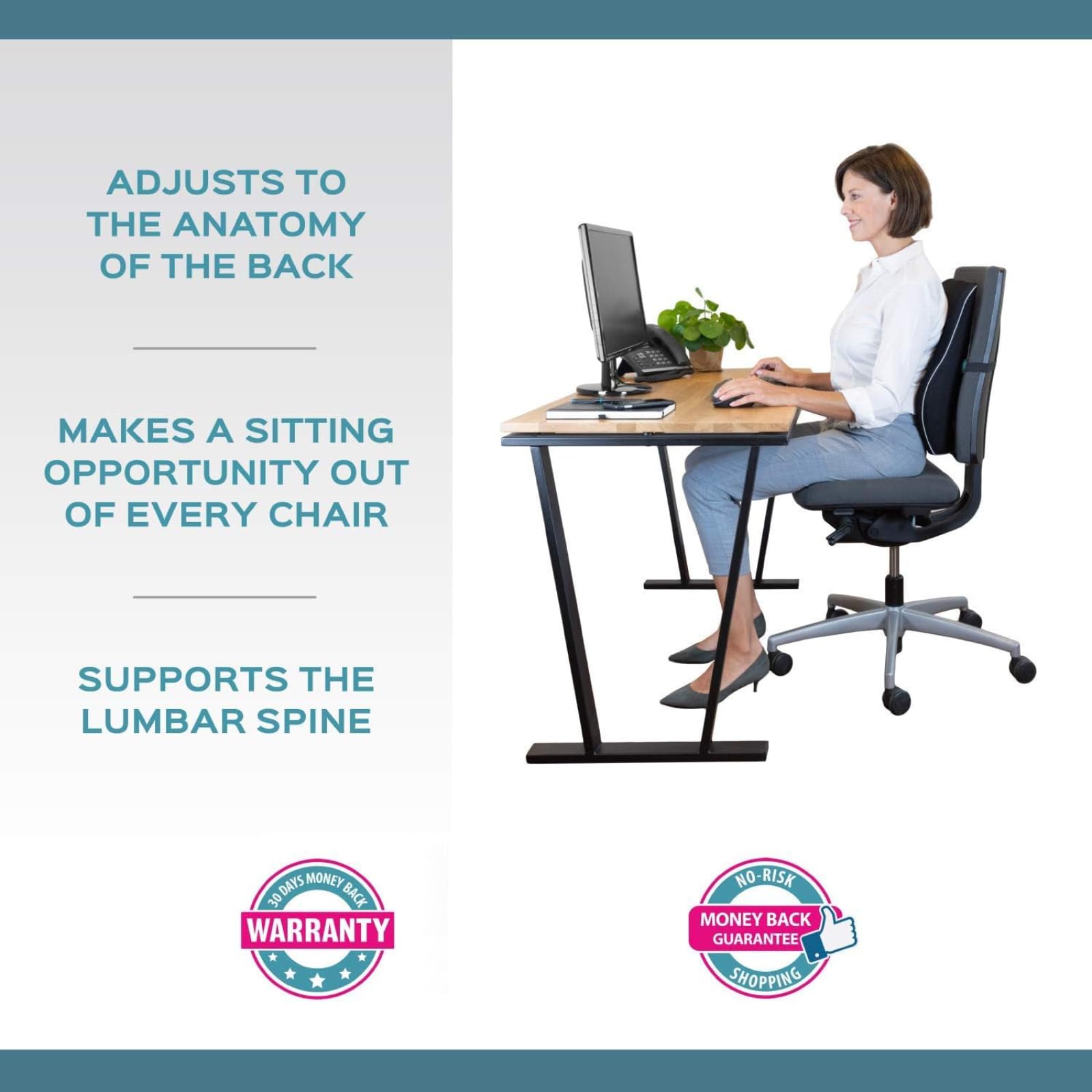 bonmedico Cojín Lumbar Viscoelástico Oficina Coche | Soporte lumbar ergonómico de espuma memoria para silla, coche y sofá.