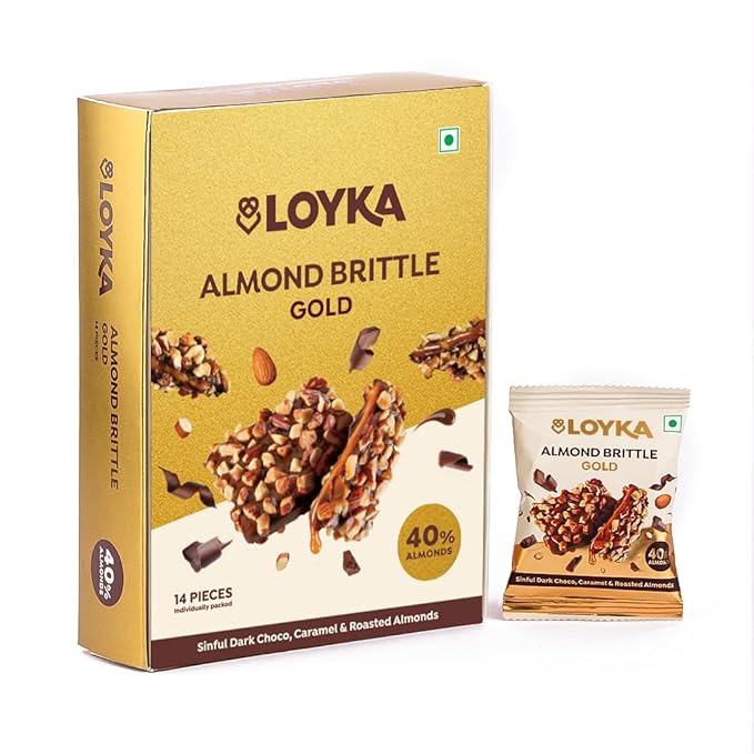 LOYKA Almond Brittle Gold Choco Box 14 Pcs (Pack of 1) | Premium Chocolate Gift Hamper|Choco & Nut Dryfruit Delicacy|Roasted California Almonds (40%),Dark Choco,Salted Caramel,Any-Time Snack