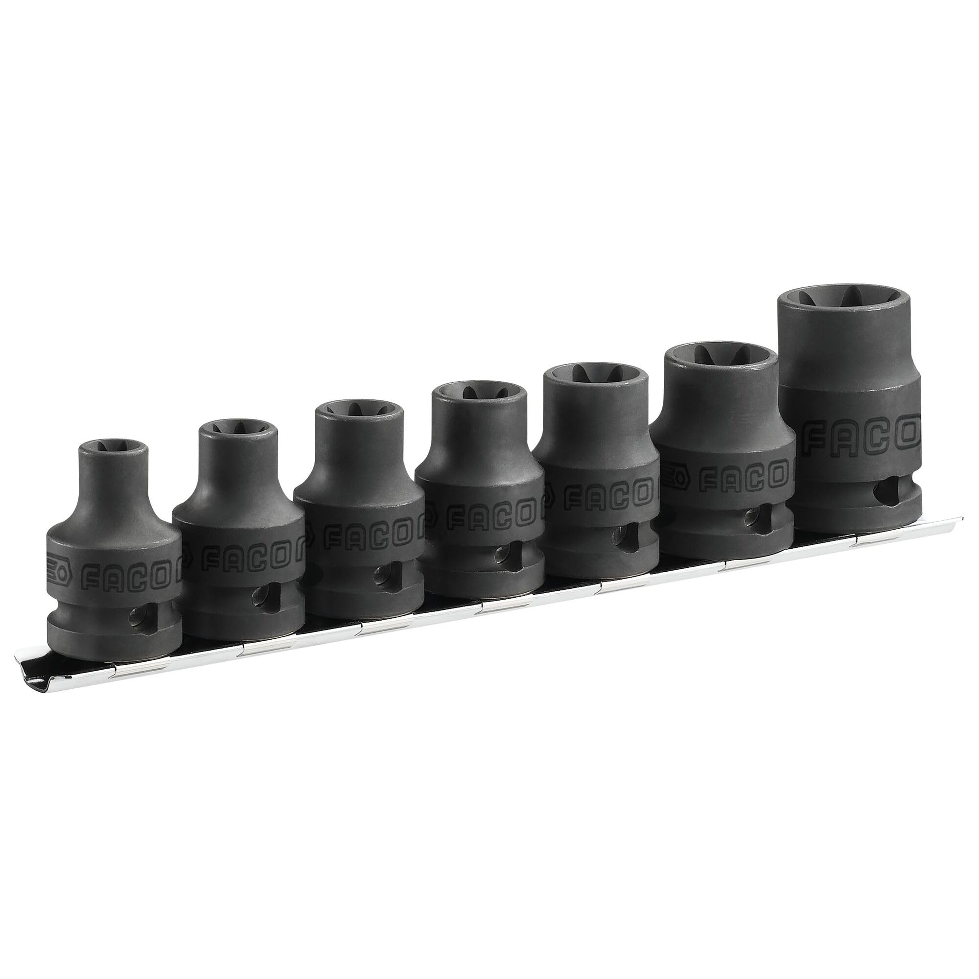 FACOM - Jeu de 7 Douilles Impact Torx 1/​2" sur Rack - NSTX.​J7 - À Utiliser avec les Bagues et Goupilles Adaptées - Pour Professionnels et Particuliers - Matériau Robuste et Durable