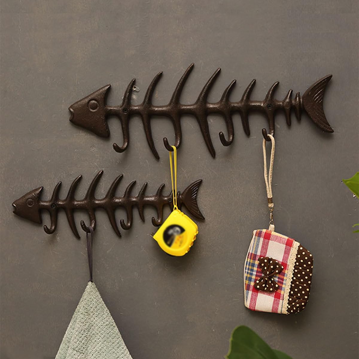Fish Bones Wall Mounted Towel Rack, Metal Hand Towel Holder with 4 Hooks, Stylish Cast Iron Hanger for Home Kitchen Wall Decor, Large Size