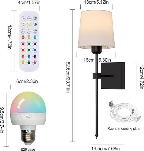 Miniatura 7 de Juego de 2 apliques de pared a pilas, luces de pared recargables inalámbricas negras con bombillas RGB recargables regulables, lámpara de pared