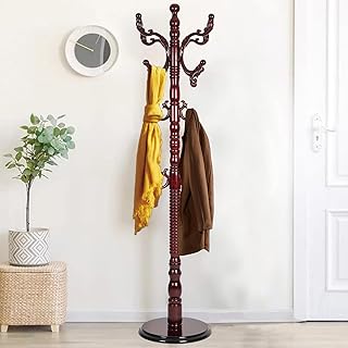 Wooden Coat Rack Freestanding, Hall Tree Hanger With Resin Hooks, Adjustable Heavy Duty Coat Rack for Hanging Clothes Bags Hats in Living Room Bedroom (Round Base, Rosewood Color)