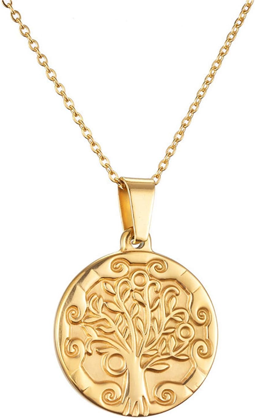 Glimmerst Tree of Life Necklace, 18K Gold Plated Stainless Steel Delicate Coin Disc Pendant Engraved Family Tree Necklace Rose Heart Pendant Necklace for Women