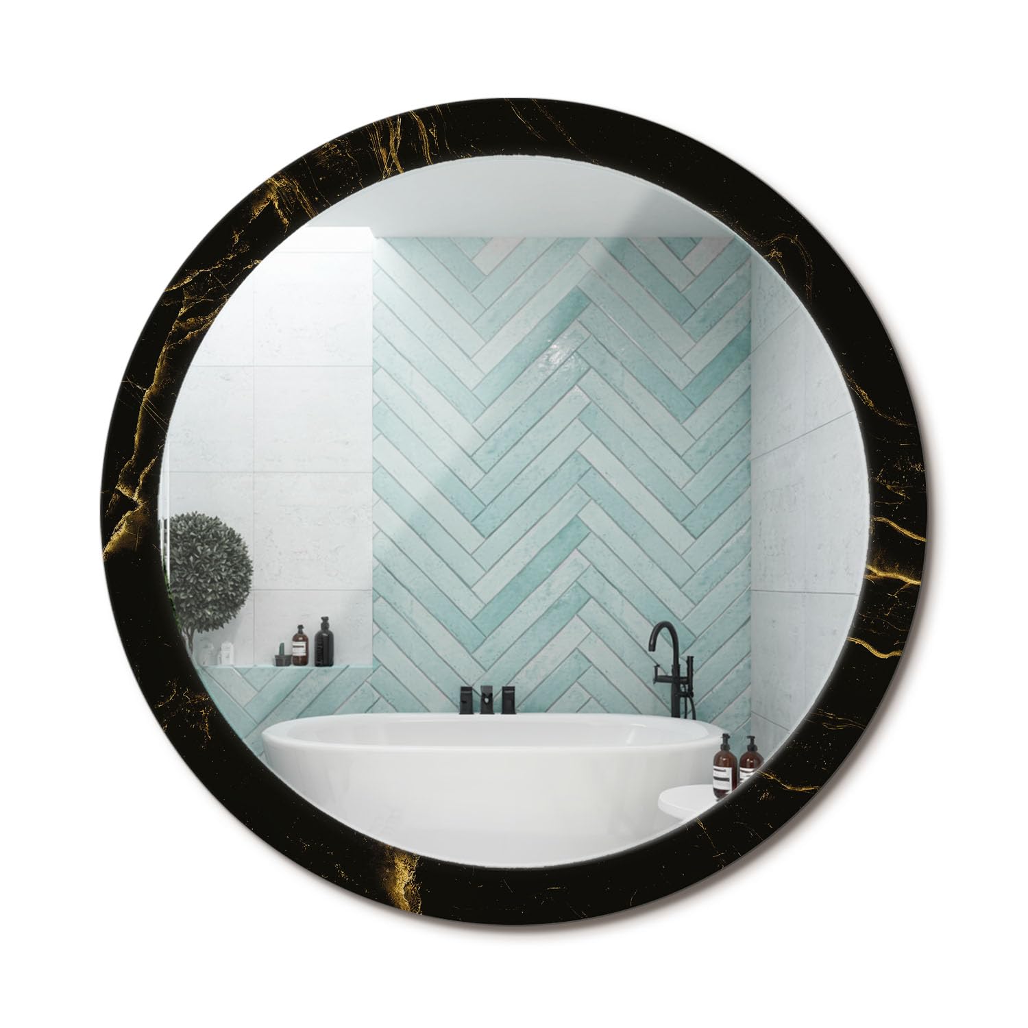 Miroir rond marbre noir fi100 avec cadre graphique pour salle de bain moderne