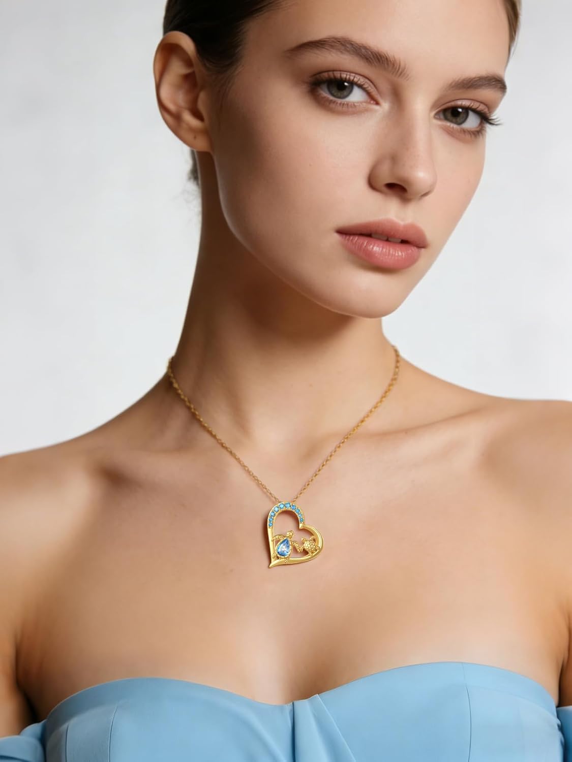 Sea Turtle Necklace 14K Gold Plated Beach Sea Turtle Pendant Necklace Blue Zircon Birthstone Jewelry Birthday Gifts for Woman Wife Mom Grandma Best Friend - Image 5