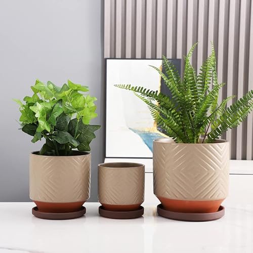 Fengson Large Ceramic Plant Pots With Drainage Holes,Set Of 3,8+6+5 Inch Stripe Garden Planter Pots With Saucer For Outdoor Indoor Plants,Round Succulent Orchid Flower Pot(Light Grey) #TOP4