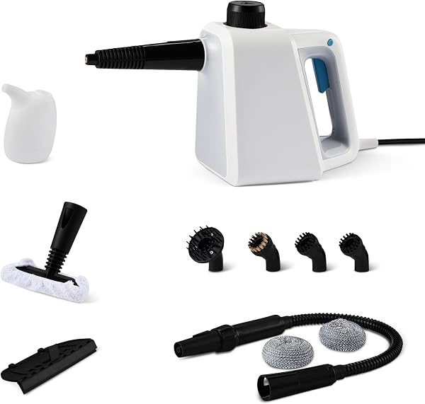 Amazon Basics Pulitore a Vapore Portatile per la Casa con 9 Accessori, Potente Getto di Vapore da 1000W, Serbatoio da 250mL, Bianco - 1
