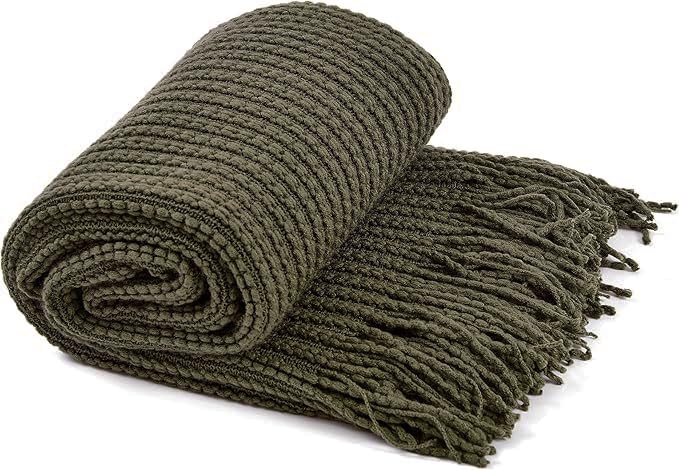 BLAGIC, Gestrickte Kuscheldecke, Weiche Decke, Landhaus- und Boho-Stil mit Quasten, Dekorative leichte Wohndecke in Olivgrün, Bett… – Ansicht 6