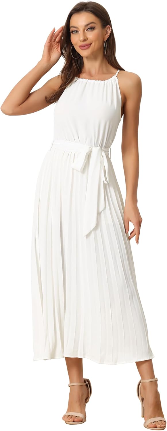 Allegra K Women's Sleeveless Halter Neck Belted A-Line Cocktail Pleated Dress