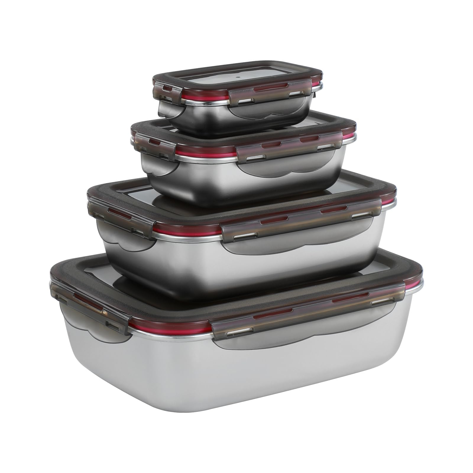 Leak-proof Stainless Steel Food Storage Container Set of 4 Meal Prep Food Container with BPA-free Lids Metal Fresh Storage Container for Freezer Oven Dishwasher Safe, 220ml/600ml/ 1500ml/ 2900ml