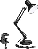 TORCHSTAR Black Metal Clamp Desk Lamp - Adjustable Swing Arm Gooseneck Architect Lamp for Office Study Reading E26 Base