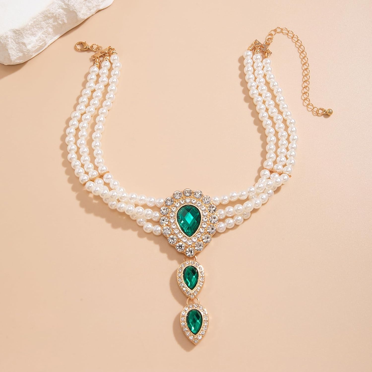 Pearl Choker Necklace for Women Green Crystal Pendant Necklace Layered Pearl Bridal Costume Jewelry Accessories - Image 4