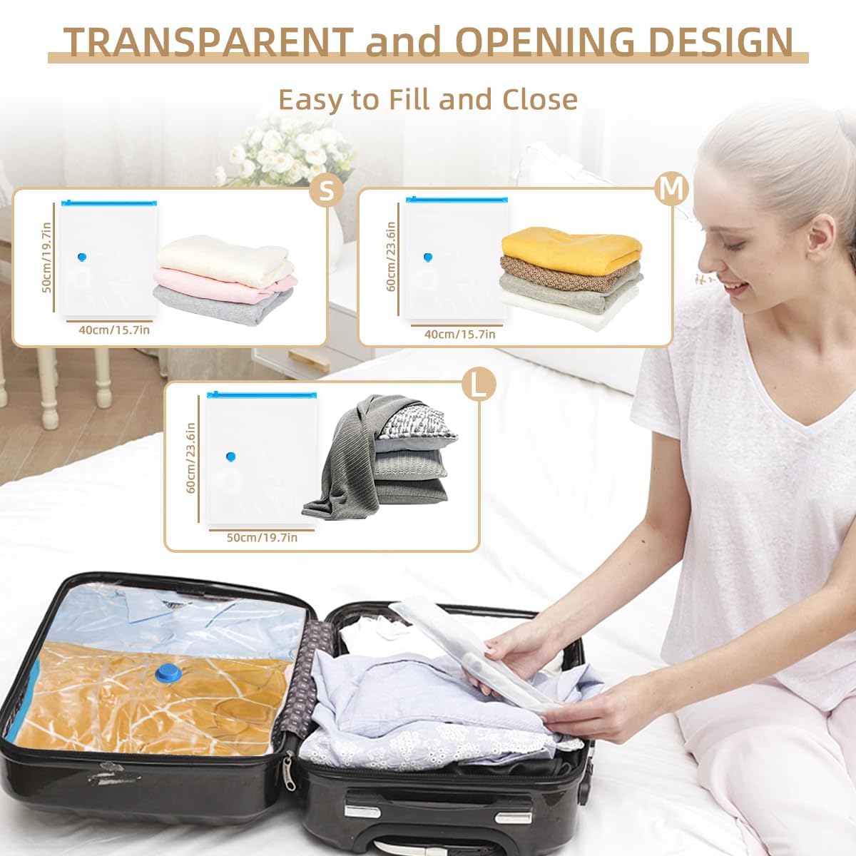 Bolsas de sellado al vacío con bomba eléctrica portátil, paquete de 9 bolsas de almacenamiento al vacío para ropa, viajes, bolsas de compresión para ahorrar espacio para maleta de equipaje (3 pequeñas