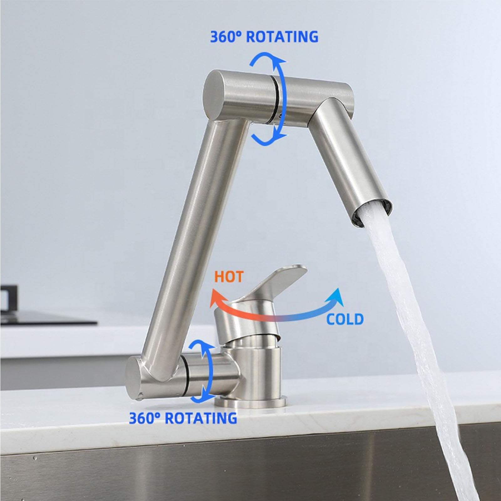 Grifo plegable de acero inoxidable para caravana, yate y camping, manija única, giratoria, instalación de ventana interior, acabado cepillado duradero, diseño que ahorra espacio