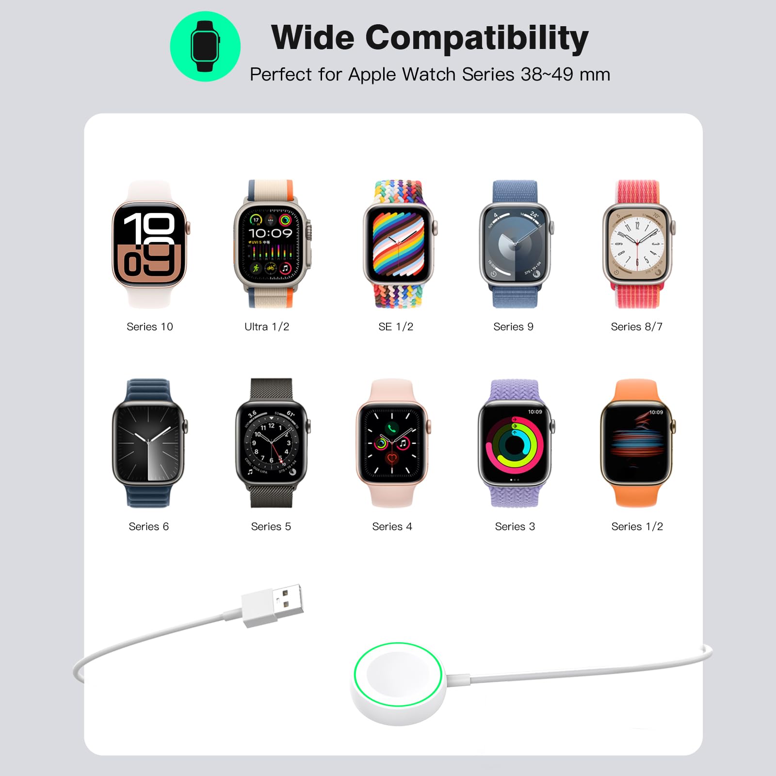 Chargeur Magnétique pour Apple Watch Series 11/10/9/8/7/6/5/4/3/SE/Ultra, Station de Chargement Rapide, Interface USB, Câble de Charge Magnétique sans Fil de 1m- Blanc