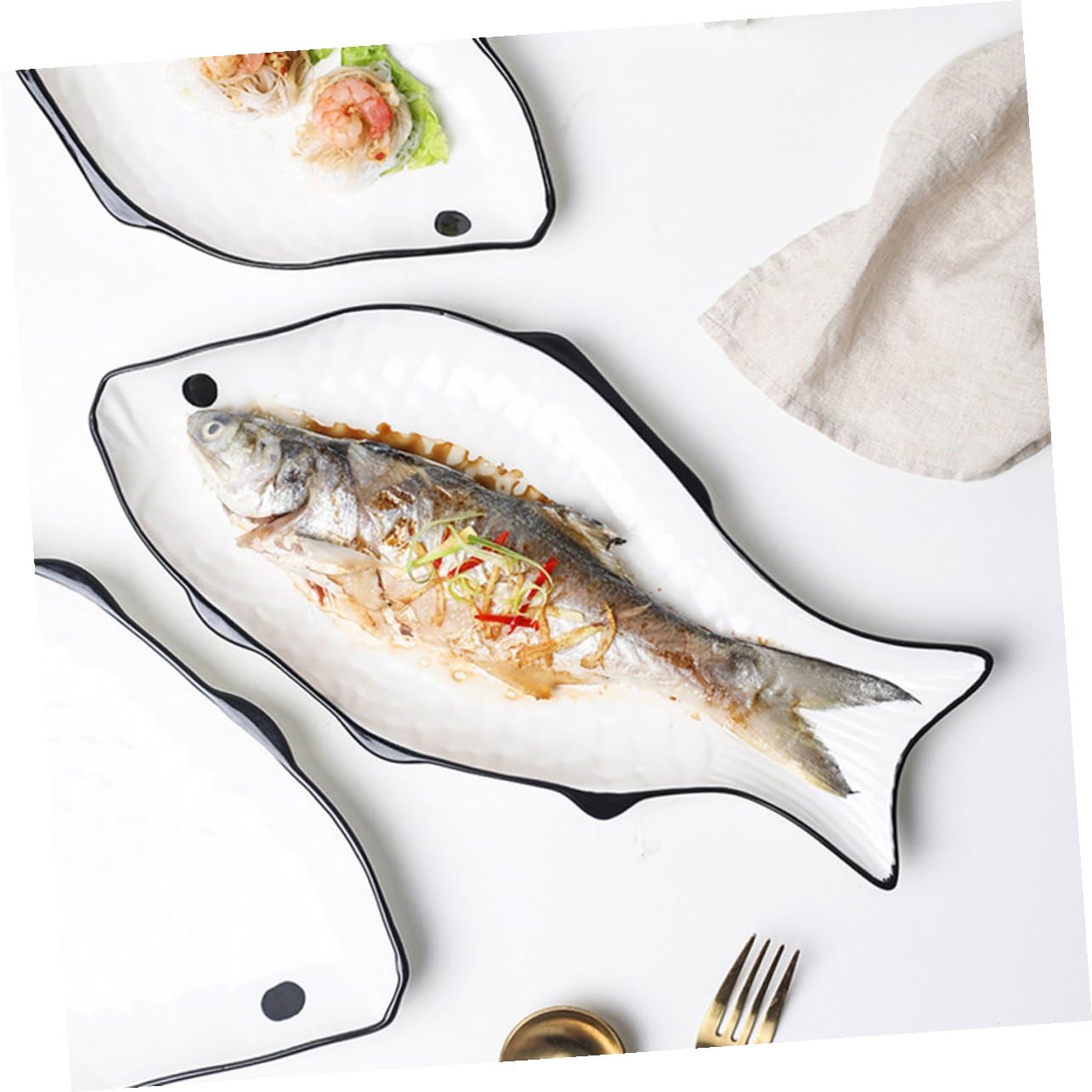 Uonlytech Plato para Cocinar Pescado al Vapor de Ceramica Soporte para Cocinar al Vapor Alimentos Plato para Servir Pescado Forma de Pez