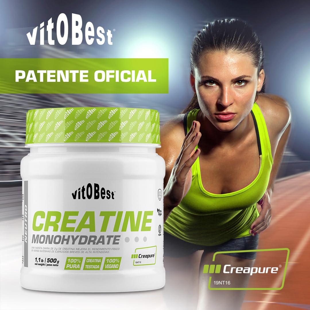 VITOBEST | Creatina Monohidrato (Creapure®) | Una ingesta diaria de 3 g mejora el rendimiento en series sucesivas de ejercicios breves de alta intensidad | Sabor Neutro - 500 g