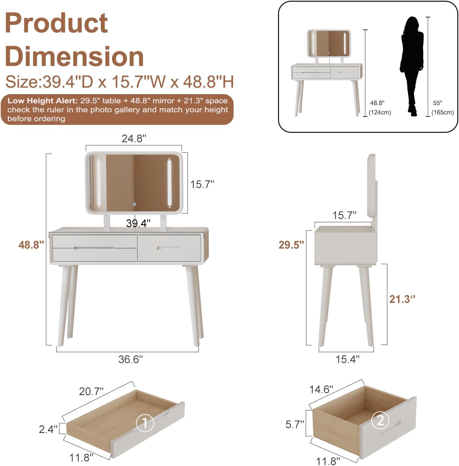 Solid Wood Vanity with Mirror and Lights, Adjustable Brightness, Wood Makeup Vanity with 3 Drawers, Semi-Assembled, Vanity Desk for Bedroom (White)