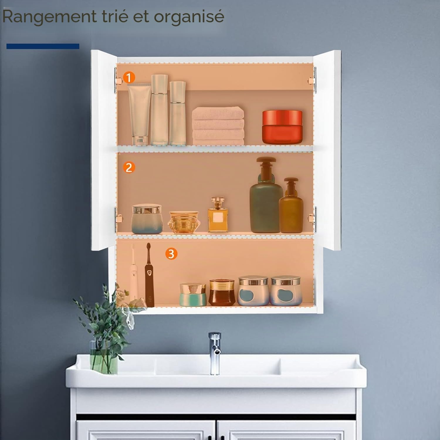 LEMROE Armoire de Salle de Bain Avec Miroir et 2 Portes - Rangement Avec Étagères Réglables - Murale en MDF (50 x 13 x 60 cm)