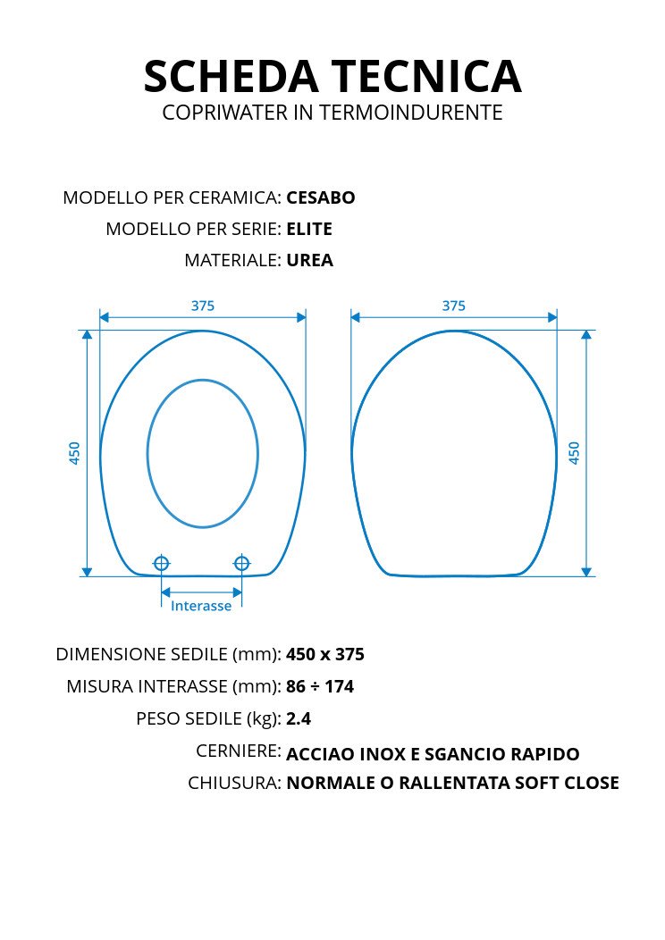 Copriwater per CESABO ELITE TERMOINDURENTE BIANCO cerniera inox normale o rallentata soft close